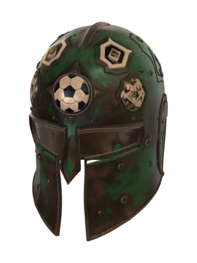 3D model for 2. Battle-Worn Relic (battle-scarred & sacred) Weathered bronze/iron helmet with dents, scratches, and patina, but etched with sacred sigils and a faint glowing rune around a soccer-ball emblem on the crown — tells a story of countless matches survived, holy despite the scars.