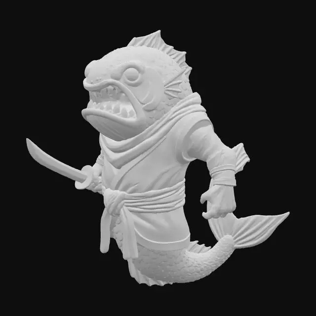 3D model for 3D model of a fierce - looking, anthropomorphic fish monster. It has a large, dark - colored fish head with sharp teeth, wide - open mouth, and bright yellow eyes. The body is a mix of fish and humanoid features, wearing a traditional - style outfit with a brown top adorned with a green scarf around the neck, and a green sash around the waist. It has fish fins as arms, with one hand holding a small sword, and fish - like lower body with fins and a tail. The overall style is cartoonish and vivid, with bold colors and detailed textures.
