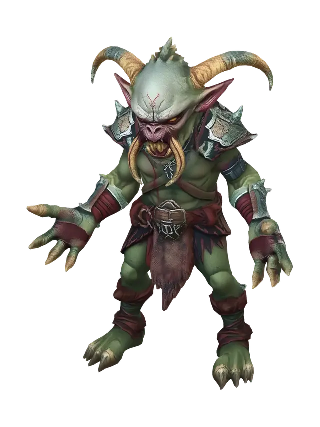 3D model for Grimdark dark fantasy horde minion, vicious goblin-orc hybrid monster, 3D character model. Neutral A-pose for rigging. Wearing crude rusted iron scrap armor, dark weathered leather garments, spiked pauldrons, bone trophies. Scarred dark grey-green leathery skin, small glowing amber eyes, sharp yellowed fangs, cruel expression. Gritty desaturated textures, dried blood stains, dark metal, low poly stylized 3D game asset, clean neutral background