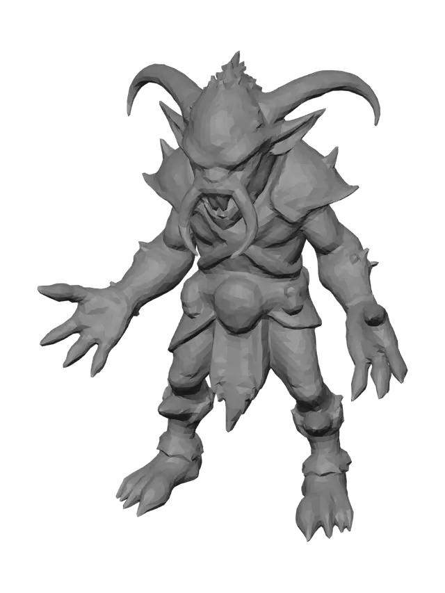 3D model for Grimdark dark fantasy horde minion, vicious goblin-orc hybrid monster, 3D character model. Neutral A-pose for rigging. Wearing crude rusted iron scrap armor, dark weathered leather garments, spiked pauldrons, bone trophies. Scarred dark grey-green leathery skin, small glowing amber eyes, sharp yellowed fangs, cruel expression. Gritty desaturated textures, dried blood stains, dark metal, low poly stylized 3D game asset, clean neutral background