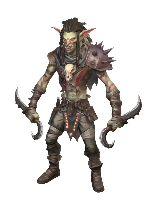 3D model for Stylized handpainted Orc assassin warrior monster. Pose similar to standing A-pose for rigging but with some attitude. Tall stretched wiry frame, long slender limbs, sharp angular jaw, long pointed ears, aggressive snarling expression with exposed sharp fangs and pointy orc nose. Light asymmetric leather armor, tattered dark scarf, ragged cloth wraps on legs. Bone lower-jaw skull mask attached around neck, dual serrated curved hook-daggers strapped to forearms, bone charms braided into dark hair. Olive green skin with subtle pinkish tints on ears. Soft hand-painted textures, muted earth tone colors, smooth stylized shading, the model has to be facing the camera