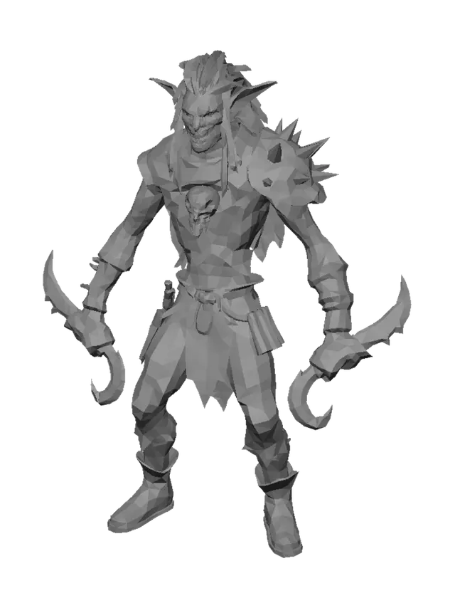 3D model for Stylized handpainted Orc assassin warrior monster. Pose similar to standing A-pose for rigging but with some attitude. Tall stretched wiry frame, long slender limbs, sharp angular jaw, long pointed ears, aggressive snarling expression with exposed sharp fangs and pointy orc nose. Light asymmetric leather armor, tattered dark scarf, ragged cloth wraps on legs. Bone lower-jaw skull mask attached around neck, dual serrated curved hook-daggers strapped to forearms, bone charms braided into dark hair. Olive green skin with subtle pinkish tints on ears. Soft hand-painted textures, muted earth tone colors, smooth stylized shading, the model has to be facing the camera