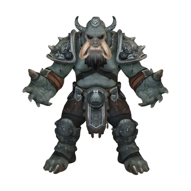 3D model for "Grimdark dark fantasy orc brute, massive armored colossus monster, 3D character model. Neutral A-pose for rigging. Wearing heavy crude rusted iron plate armor, oversized spiked pauldrons, thick weathered leather belts, iron jaw guard. Scarred dark greyish-green thick skin, small glowing red eyes, huge protruding lower tusks, towering imposing silhouette. Gritty desaturated textures, dark rusted metal, dried blood stains, low poly stylized 3D game asset, clean neutral background