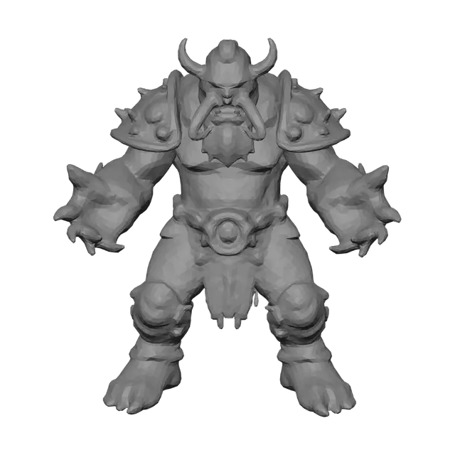 3D model for "Grimdark dark fantasy orc brute, massive armored colossus monster, 3D character model. Neutral A-pose for rigging. Wearing heavy crude rusted iron plate armor, oversized spiked pauldrons, thick weathered leather belts, iron jaw guard. Scarred dark greyish-green thick skin, small glowing red eyes, huge protruding lower tusks, towering imposing silhouette. Gritty desaturated textures, dark rusted metal, dried blood stains, low poly stylized 3D game asset, clean neutral background
