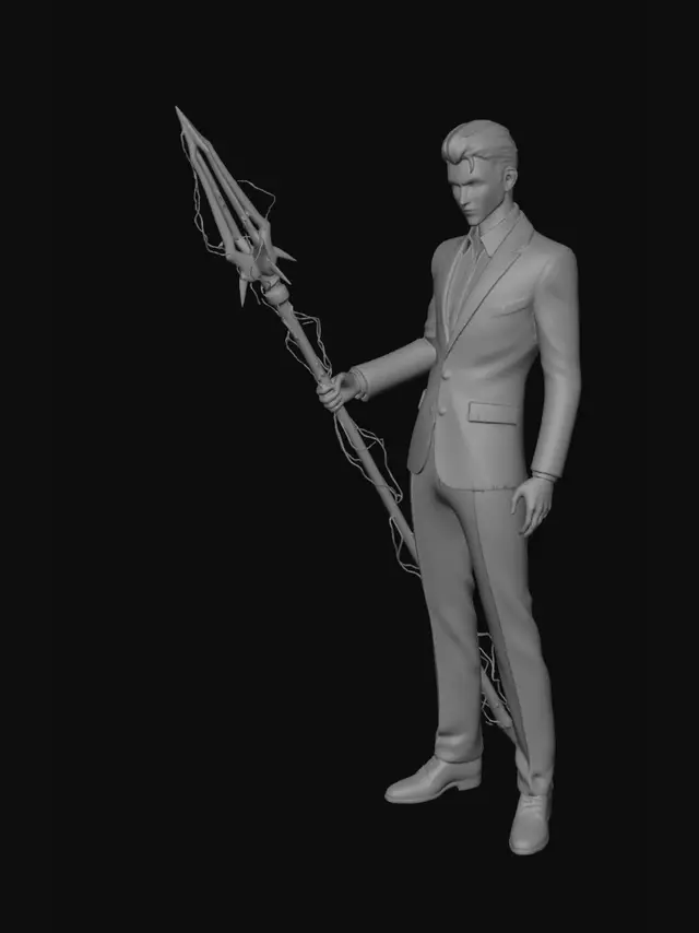 3D model for 图像参考的人物拿着一个雷电元素的长矛