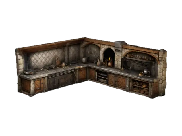 A medieval kitchen with a large hearth, a workbench, and a cobbled floor divided… 3D model, vytvořený pomocí AI