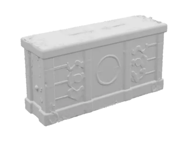 3D model for Highly detailed long ancient modular wall crafted from weathered stone with deeply carved, intricate temple-like designs. Covered in green hieroglyphics and blue celestial symbols, the wall displays millennia of wear and mystery, with sections cracked and chipped, revealing forgotten, glowing runes, lightly covered in growing tree roots. The carvings include ornate, organic patterns intertwined with mystic shapes, and some panels feature ancient relics embedded within the stone. The surface has a worn, crumbling texture, emanating a mystical energy, as if untouched by time yet holding untold power