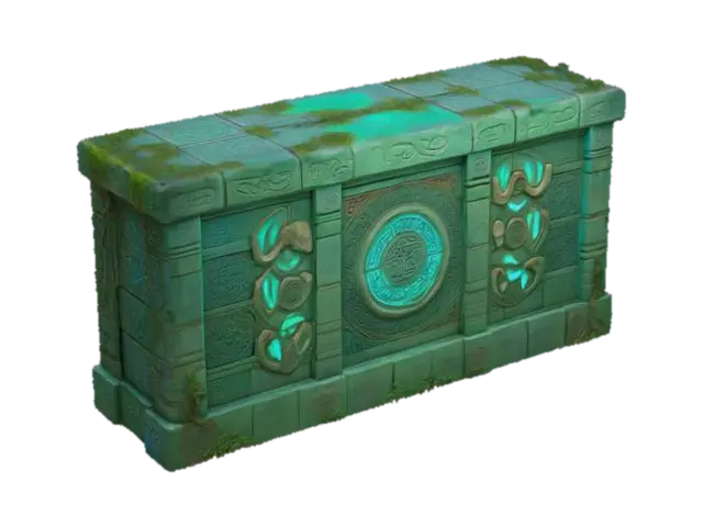 3D model for Highly detailed long ancient modular wall crafted from weathered stone with deeply carved, intricate temple-like designs. Covered in green hieroglyphics and blue celestial symbols, the wall displays millennia of wear and mystery, with sections cracked and chipped, revealing forgotten, glowing runes, lightly covered in growing tree roots. The carvings include ornate, organic patterns intertwined with mystic shapes, and some panels feature ancient relics embedded within the stone. The surface has a worn, crumbling texture, emanating a mystical energy, as if untouched by time yet holding untold power