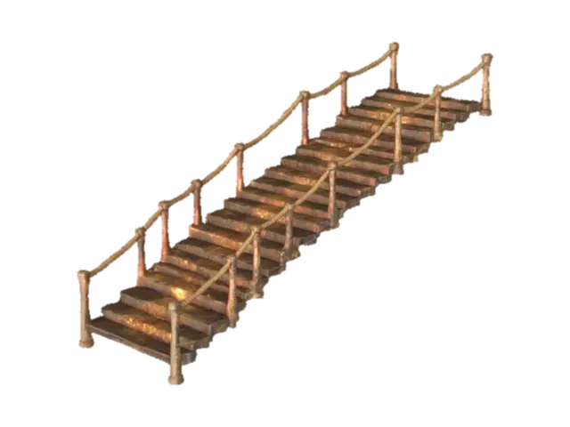 3D model for ancient bridge made of animal bone and weathered bioluminescent rope. The bone steps for the bridge are carved with red and gold hieroglyphics. Ultra Realistic. PBR rendering