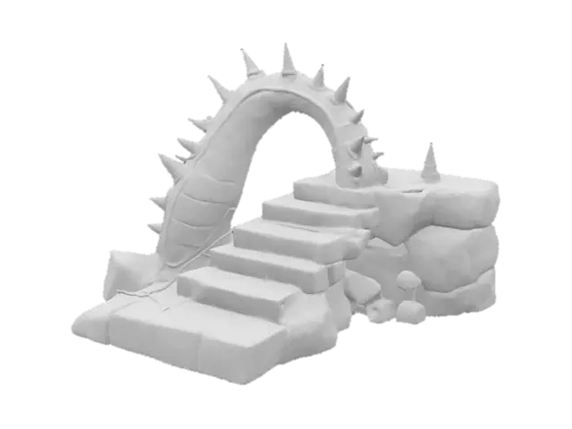 3D model for ancient bridge made of spiked animal bone and weathered bioluminescent rope. The bone steps for the bridge are aged and etched with blue line carvings and small mushrooms growing out. Ultra Realistic. 