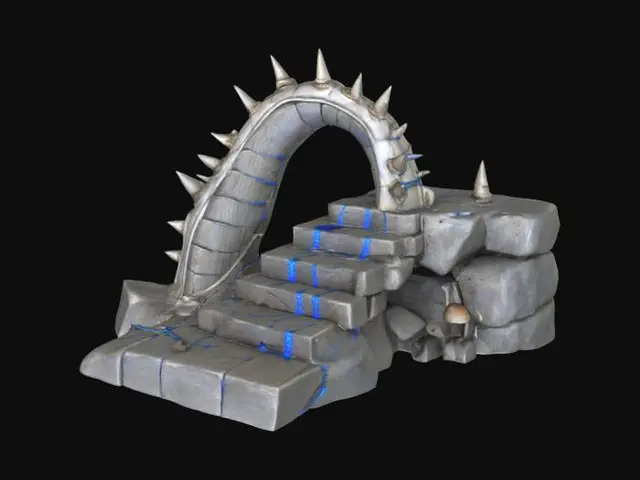 3D model for ancient bridge made of spiked animal bone and weathered bioluminescent rope. The bone steps for the bridge are aged and etched with blue line carvings and small mushrooms growing out. Ultra Realistic.