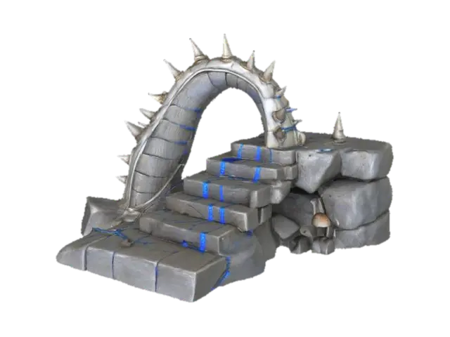 3D model for ancient bridge made of spiked animal bone and weathered bioluminescent rope. The bone steps for the bridge are aged and etched with blue line carvings and small mushrooms growing out. Ultra Realistic. 