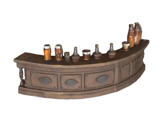 ancient tavern corner countertop with beer bottle and glass potions. Ultra… 3D model, vytvořený pomocí AI