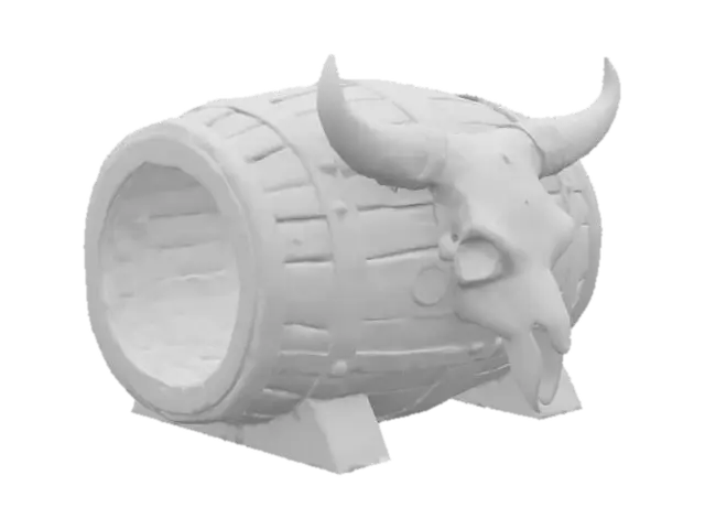 3D model for ancient beer cask made of wood and covered with a bull skull.