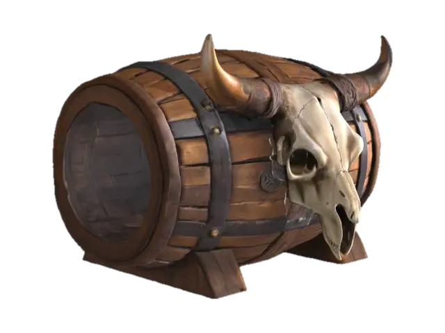 3D model for ancient beer cask made of wood and covered with a bull skull.
