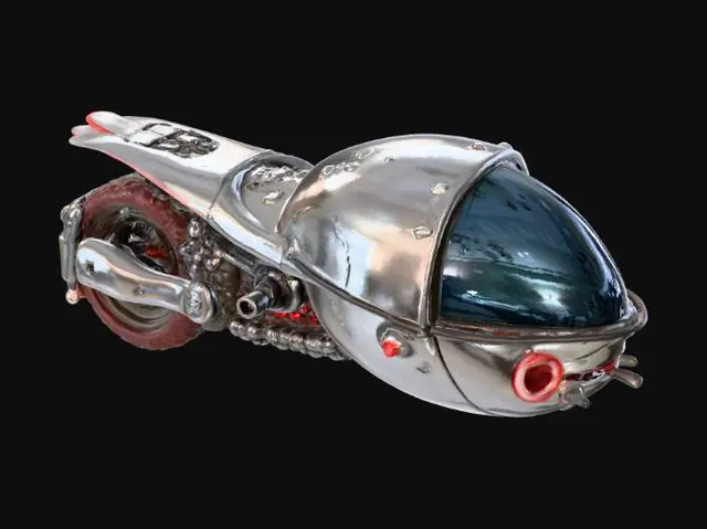 3D model for a one-person flying scooter that feels alien in origin. Its frame is asymmetrical and organic, forged from dark alloy plates fused with biomechanical textures and exposed conduits. The surface shows wear—scratches, impact dents, and heat scoring—yet faint blue and red energy pulses flow through embedded veins of light. Thrusters emit soft plasma glow with distortion ripples, keeping the craft afloat a few centimeters above ground. Cockpit canopy is translucent black glass with cryptic symbols etched around its rim. Use detailed PBR maps (metal, emissive, roughness, normal) for cinematic realism and atmospheric glow in low light.