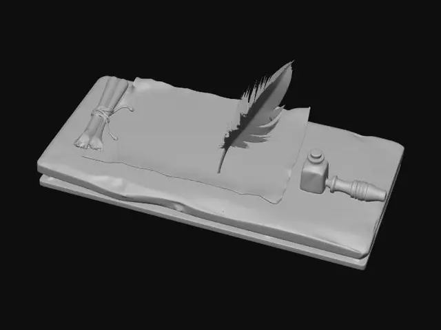 3D model for an ancient table made of wood with a hand written aged piece of paper on the table. Aside it lays a len with a feather and small bottle of ink.