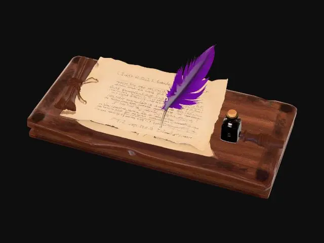 3D model for an ancient table made of wood with a hand written aged piece of paper on the table. Aside it lays a len with a feather and small bottle of ink.