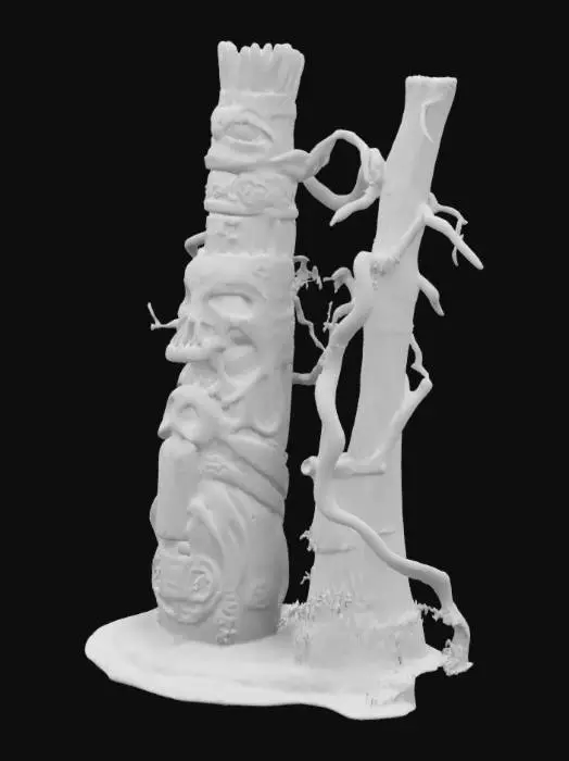 3D model for A towering wooden totem, bound with twisted vines and embedded with glowing spirit stones. At its peak, a carved skull with emerald eyes watches over the camp. Strange symbols carved along the sides suggest it might be a marker for safe passage or a beacon to summon allies from the Otherside.