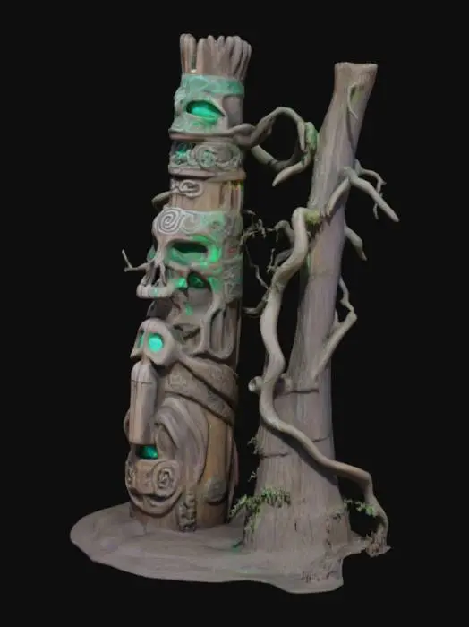 3D model for A towering wooden totem, bound with twisted vines and embedded with glowing spirit stones. At its peak, a carved skull with emerald eyes watches over the camp. Strange symbols carved along the sides suggest it might be a marker for safe passage or a beacon to summon allies from the Otherside.