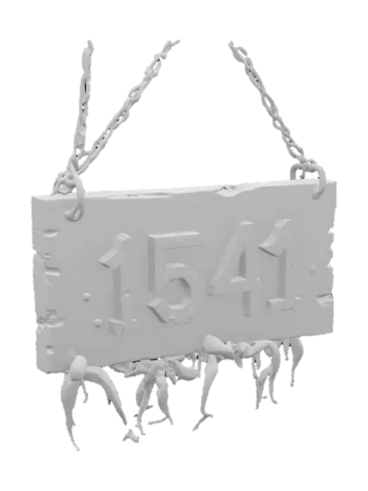3D model for a suspended wooden sign that is rotting with maggots and fuming with radioactive mist. The sign reads "1541"