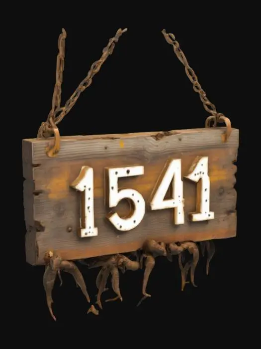 3D model for a suspended wooden sign that is rotting with maggots and fuming with radioactive mist. The sign reads "1541"