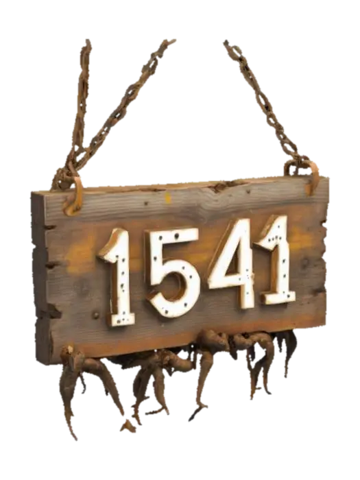 3D model for a suspended wooden sign that is rotting with maggots and fuming with radioactive mist. The sign reads "1541"