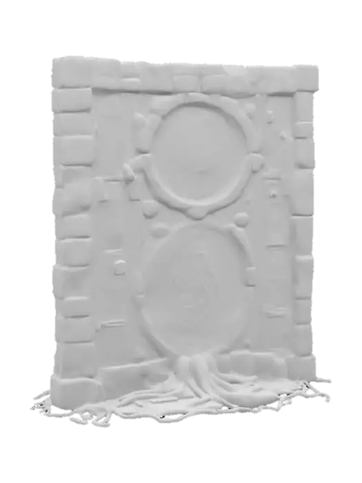 3D model for Highly detailed ancient modular wall crafted from weathered stone with deeply carved, intricate temple-like designs. Covered in green hieroglyphics and blue celestial symbols, the wall displays millennia of wear and mystery, with sections cracked and chipped, revealing forgotten, glowing runes, lightly covered in growing tree roots. The carvings include ornate, organic patterns intertwined with mystic shapes, and some panels feature ancient relics embedded within the stone. The surface has a worn, crumbling texture, emanating a mystical energy, as if untouched by time yet holding untold power