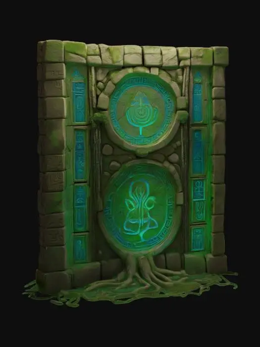3D model for Highly detailed ancient modular wall crafted from weathered stone with deeply carved, intricate temple-like designs. Covered in green hieroglyphics and blue celestial symbols, the wall displays millennia of wear and mystery, with sections cracked and chipped, revealing forgotten, glowing runes, lightly covered in growing tree roots. The carvings include ornate, organic patterns intertwined with mystic shapes, and some panels feature ancient relics embedded within the stone. The surface has a worn, crumbling texture, emanating a mystical energy, as if untouched by time yet holding untold power