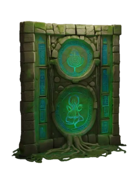 3D model for Highly detailed ancient modular wall crafted from weathered stone with deeply carved, intricate temple-like designs. Covered in green hieroglyphics and blue celestial symbols, the wall displays millennia of wear and mystery, with sections cracked and chipped, revealing forgotten, glowing runes, lightly covered in growing tree roots. The carvings include ornate, organic patterns intertwined with mystic shapes, and some panels feature ancient relics embedded within the stone. The surface has a worn, crumbling texture, emanating a mystical energy, as if untouched by time yet holding untold power