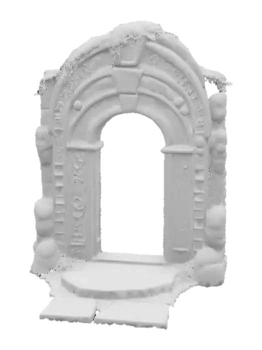 3D model for #arch#, Design a highly detailed Stone Ancient seaweed covered mystical gateway arch combining Aztec, Sumerian and Cthuhlean Designs, odd blue cuniform like glowing runes adorn its curved archway, Game Asset, Horror, #arch#