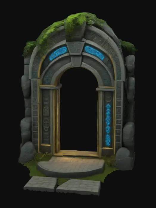 3D model for #arch#, Design a highly detailed Stone Ancient seaweed covered mystical gateway arch combining Aztec, Sumerian and Cthuhlean Designs, odd blue cuniform like glowing runes adorn its curved archway, Game Asset, Horror, #arch#