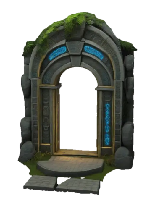 3D model for #arch#, Design a highly detailed Stone Ancient seaweed covered mystical gateway arch combining Aztec, Sumerian and Cthuhlean Designs, odd blue cuniform like glowing runes adorn its curved archway, Game Asset, Horror, #arch#