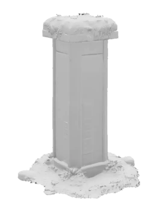 3D model for #arch#, Design a highly detailed Stone Ancient grass covered mystical stone pillar combining Ancient mystical Designs, odd blue cuniform like glowing runes, Game Asset, Horror, realistic, 