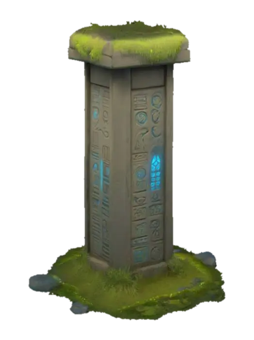 3D model for #arch#, Design a highly detailed Stone Ancient grass covered mystical stone pillar combining Ancient mystical Designs, odd blue cuniform like glowing runes, Game Asset, Horror, realistic, 