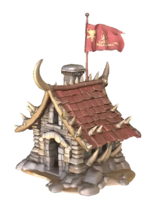 Slanted rooftop made of aged spiked animal bones. Weathered and ancient flags hang… 3D-model, gegenereerd door AI