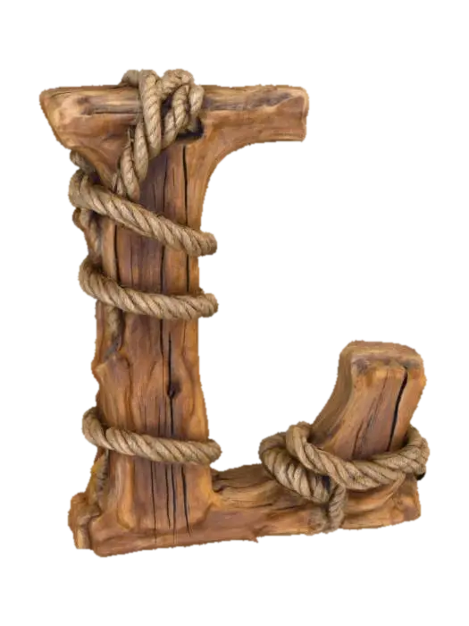 The letter "L" shaped out of ancient wood and covered in ancient rope - Alphabet 3D model, vytvořený pomocí AI