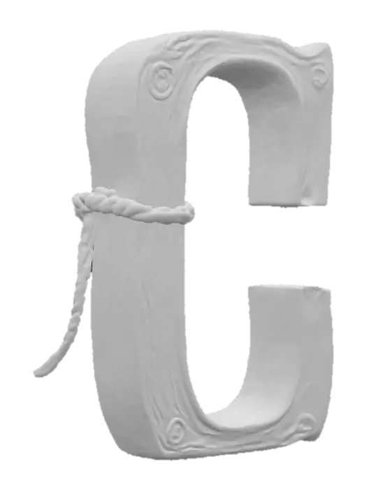 3D model for The letter "C" shaped out of ancient wood and covered in western styled rope
