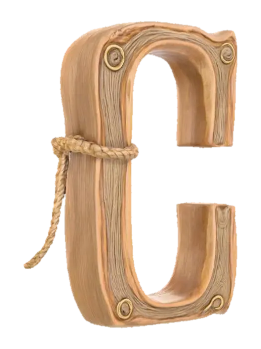 3D model for The letter "C" shaped out of ancient wood and covered in western styled rope
