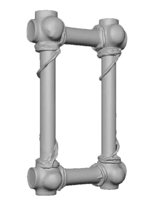 3D model for an ancient picture frame crafted entirely from animal bones intertwined with aged, fraying rope. The bones should look weathered and timeworn, showing natural cracks, porous textures, and yellowed patina from centuries of decay. The rope binding should appear brittle, with rough fibers splitting apart yet still firmly holding the structure. Faint, glowing bluish hieroglyphic markings are carved into select bone pieces, barely visible until light reflects at certain angles. The frame should feel ominous yet ceremonial—gothic curves and primitive joinery techniques suggesting ritualistic origins.