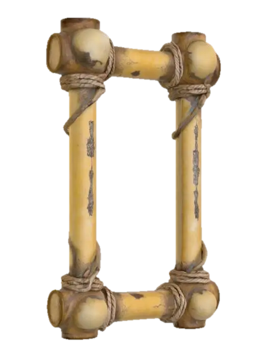 3D model for an ancient picture frame crafted entirely from animal bones intertwined with aged, fraying rope. The bones should look weathered and timeworn, showing natural cracks, porous textures, and yellowed patina from centuries of decay. The rope binding should appear brittle, with rough fibers splitting apart yet still firmly holding the structure. Faint, glowing bluish hieroglyphic markings are carved into select bone pieces, barely visible until light reflects at certain angles. The frame should feel ominous yet ceremonial—gothic curves and primitive joinery techniques suggesting ritualistic origins.