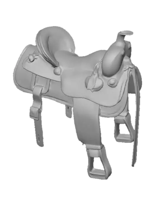 3D model for ancient horse saddle with blue-ish hieroglyphics markings
