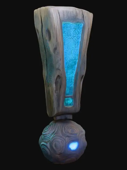 3D model for a exclamation point made out of ancient wood and has glowing blueish carvings etched in