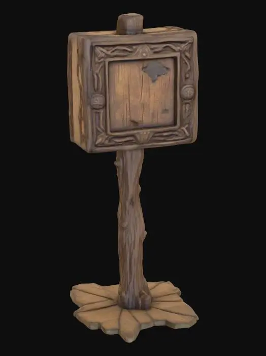 3D model for a wooden square weapon sign from an ancient lake town ruin village. Highly detailed. No text or writing on the shop sign. Worn. Ancient looking.