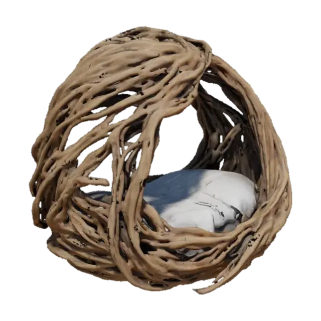 twisted wood cocoon used for suspended sleeping 3D model, vytvořený pomocí AI