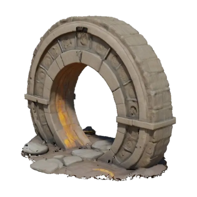 an ancient circular artifact archway made of stone with broken metal shards… 3D model, vytvořený pomocí AI