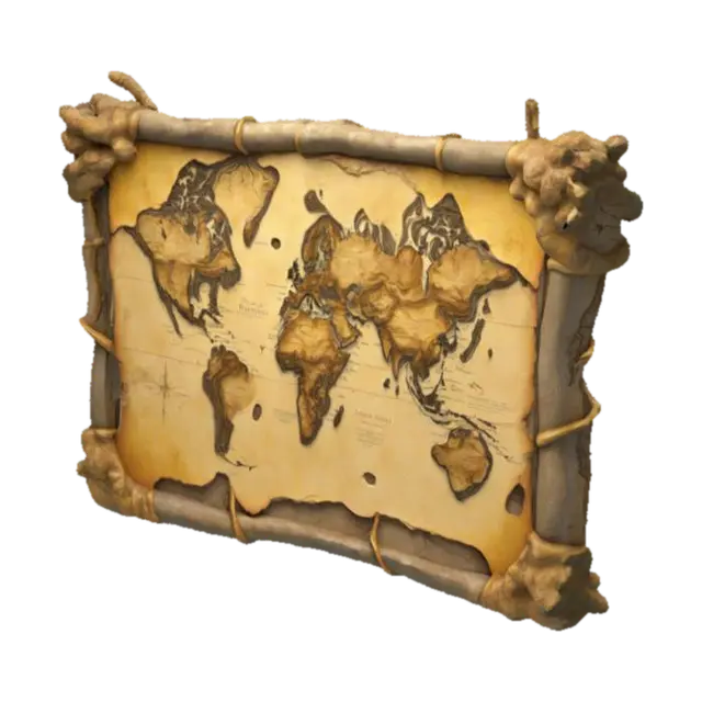 Design an ultra-realistic 3D model of an ancient, weathered map suspended in mid-air.… 3D model, vytvořený pomocí AI