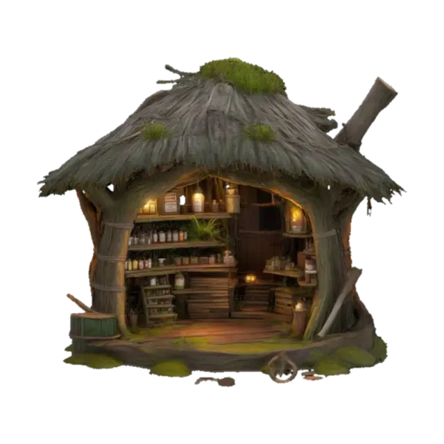 a swampy bog tree house medicine vendors hut. Warm small lights cover the treehouse.… - Swamp 3D model, vytvořený pomocí AI