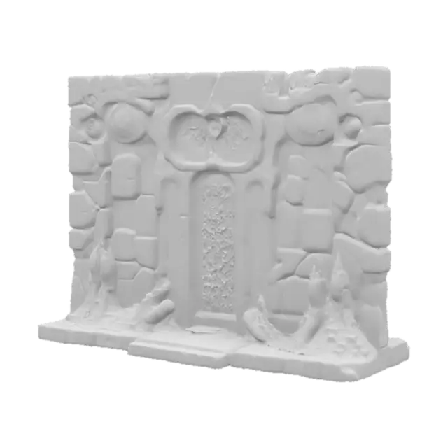 3D model for Highly detailed ancient modular wall crafted from weathered stone with deeply carved, intricate temple-like designs. Covered in green hieroglyphics and blue celestial symbols, the wall displays millennia of wear, with sections cracked and chipped, revealing forgotten, glowing runes, lightly covered in growing tree roots. The carvings include ornate, organic patterns intertwined with mystic shapes, and some panels feature ancient relics embedded within the stone. The surface has a worn, crumbling texture, emanating a mystical energy, as if untouched by time yet holding untold power