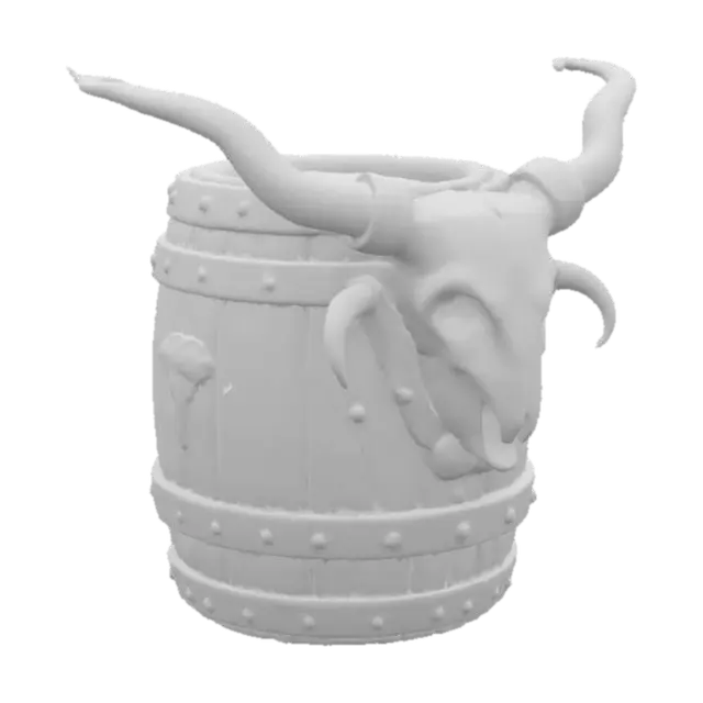 3D model for ancient beer cask made of wood and covered with a bull skull.